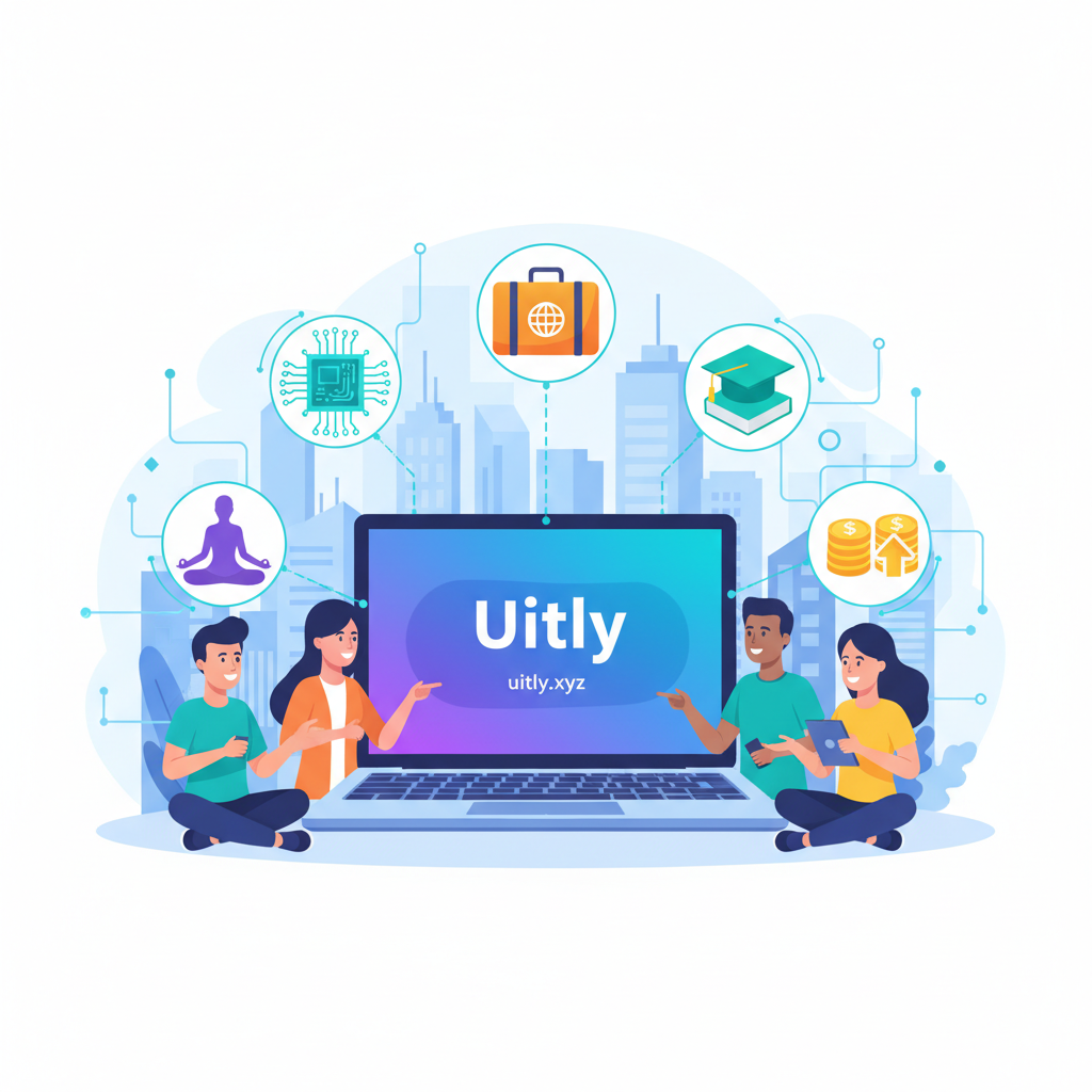 Uitly blogging hub banner with tech, lifestyle, and education icons